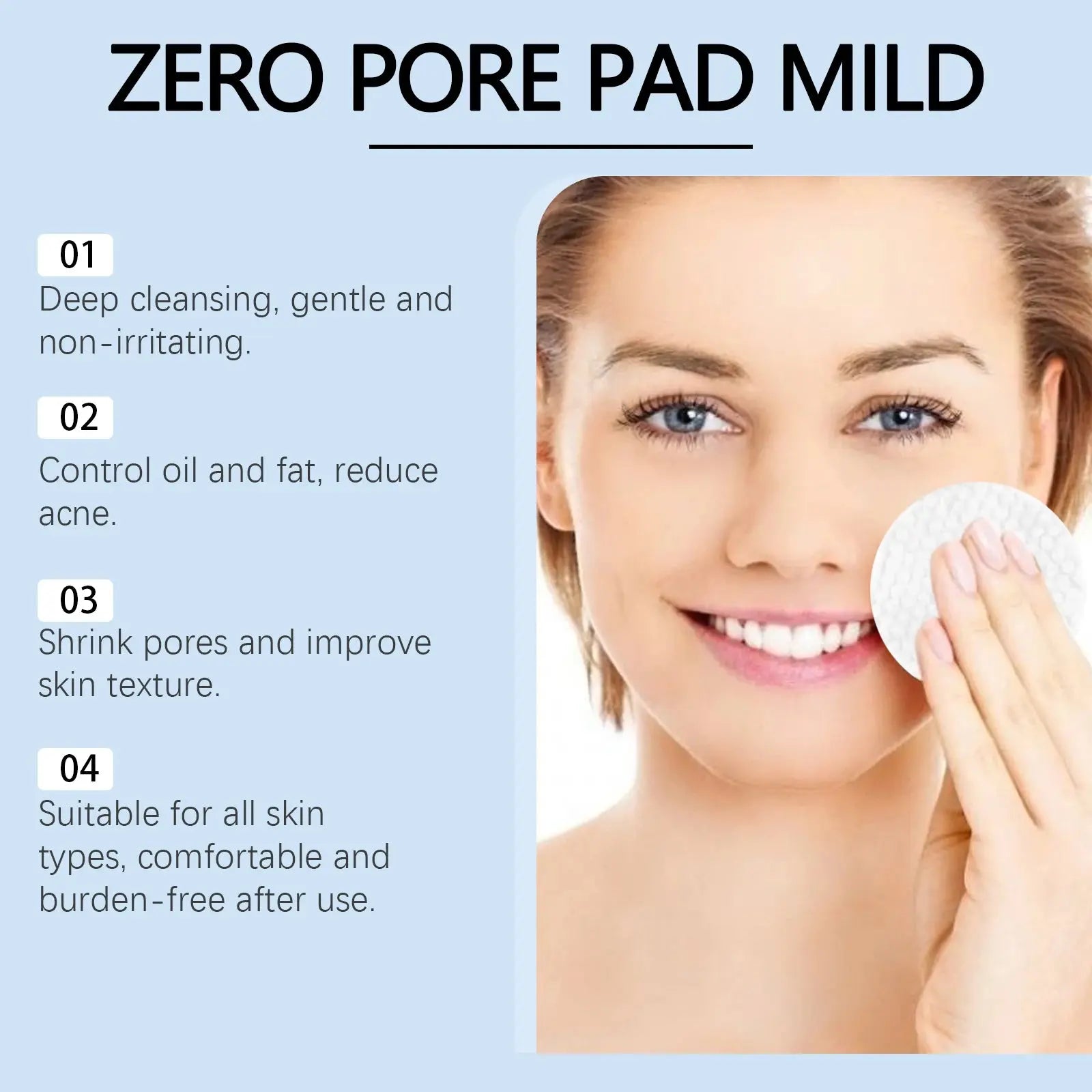Facial toner pads: white cotton pad held to the cheek on a smiling woman