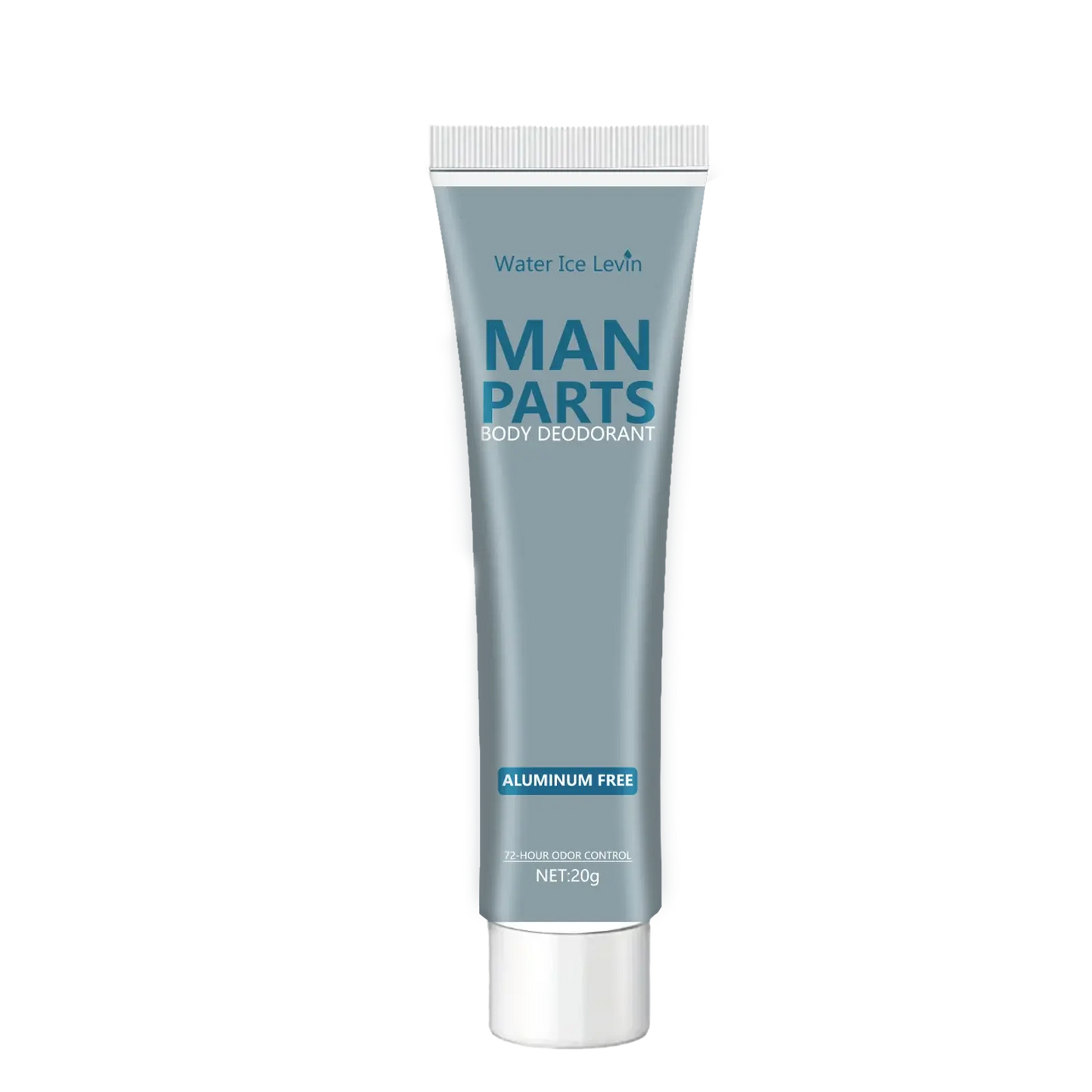 Front view of light blue body deodorant cream tube with white cap, aluminum-free