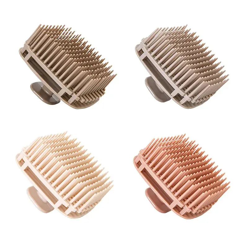 Silicone shampoo scalp massage brush, dark brown with light bristles and gray base