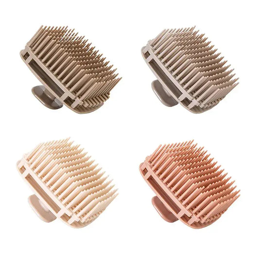 Silicone shampoo scalp massage brush, dark brown with light bristles and gray base