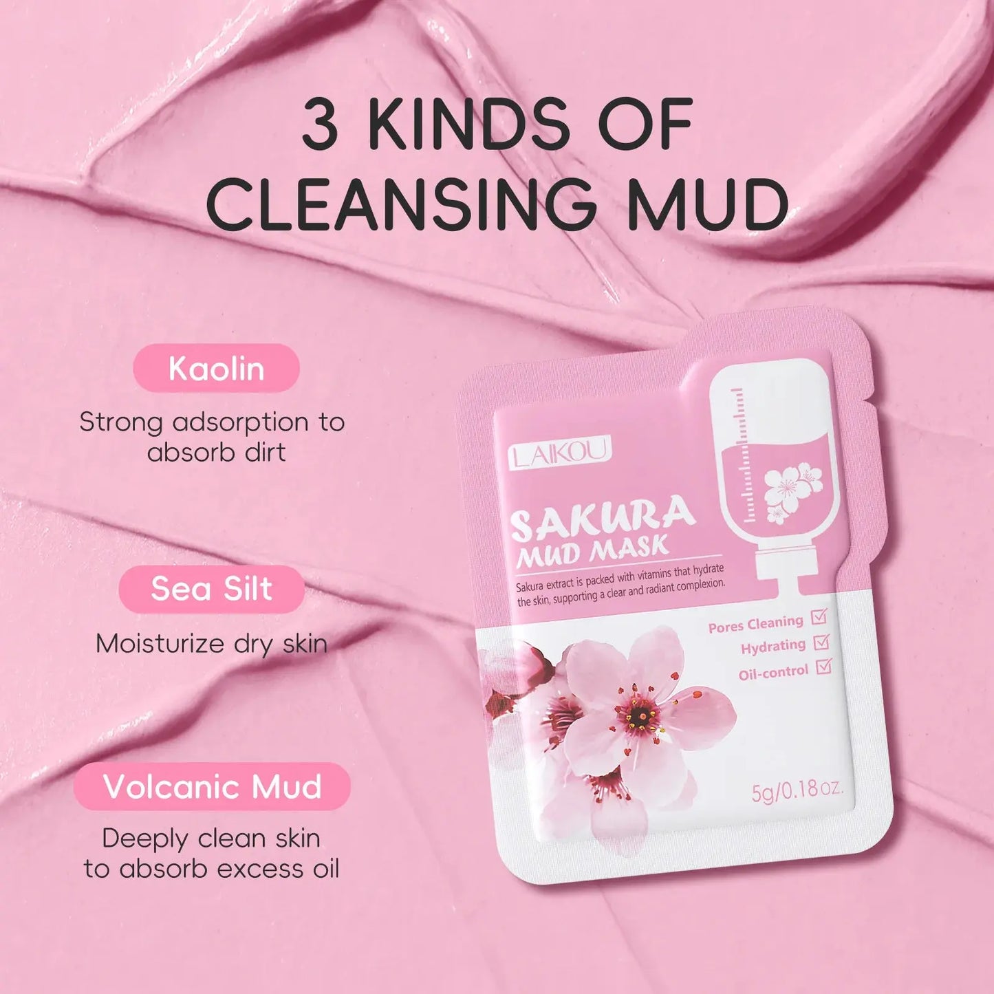 Single Sakura mud mask sachet with 3 cleansing mud types and flower graphic