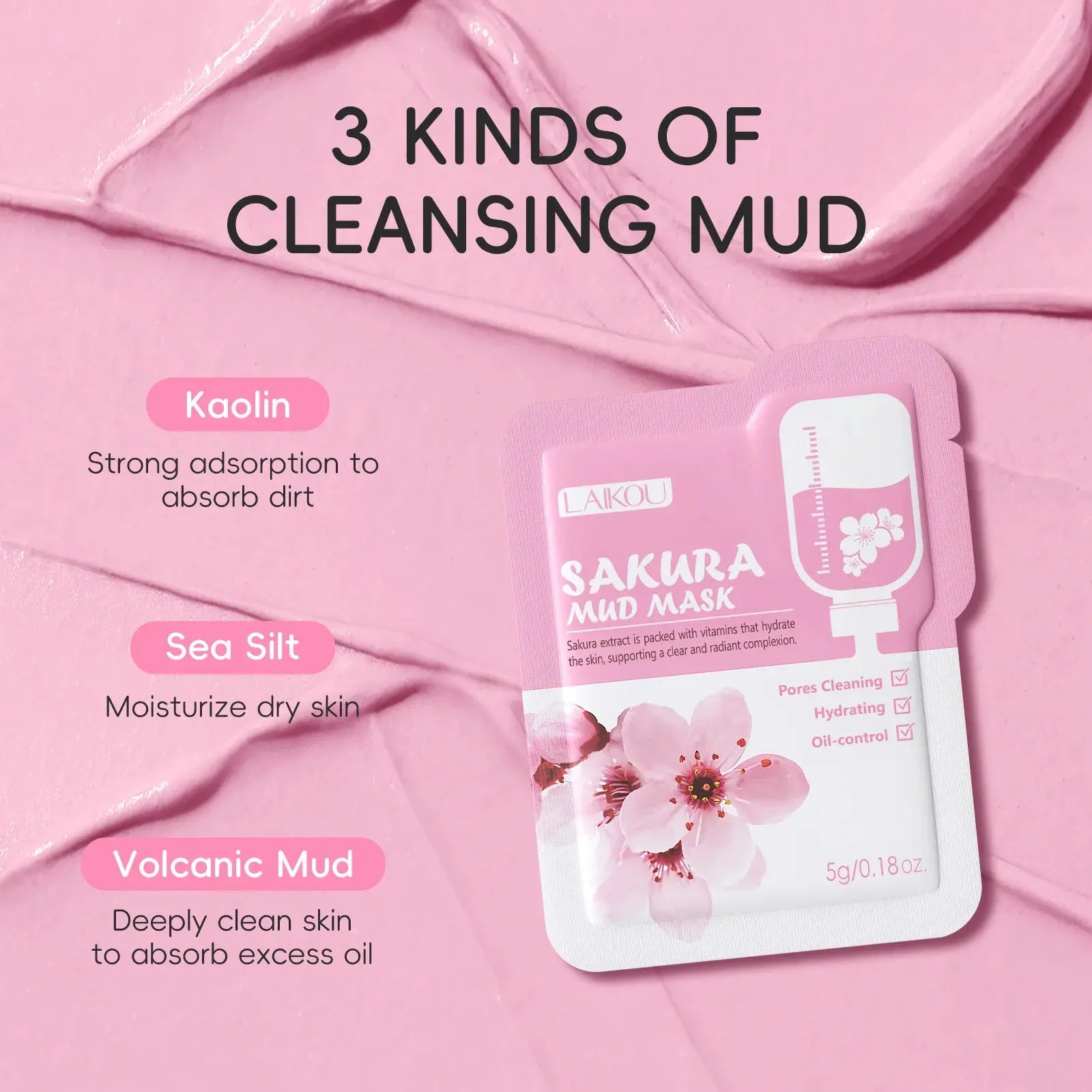 Single Sakura mud mask sachet with 3 cleansing mud types and flower graphic