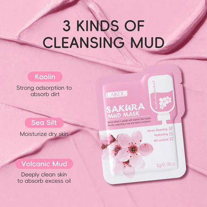 Single Sakura mud mask sachet with 3 cleansing mud types and flower graphic