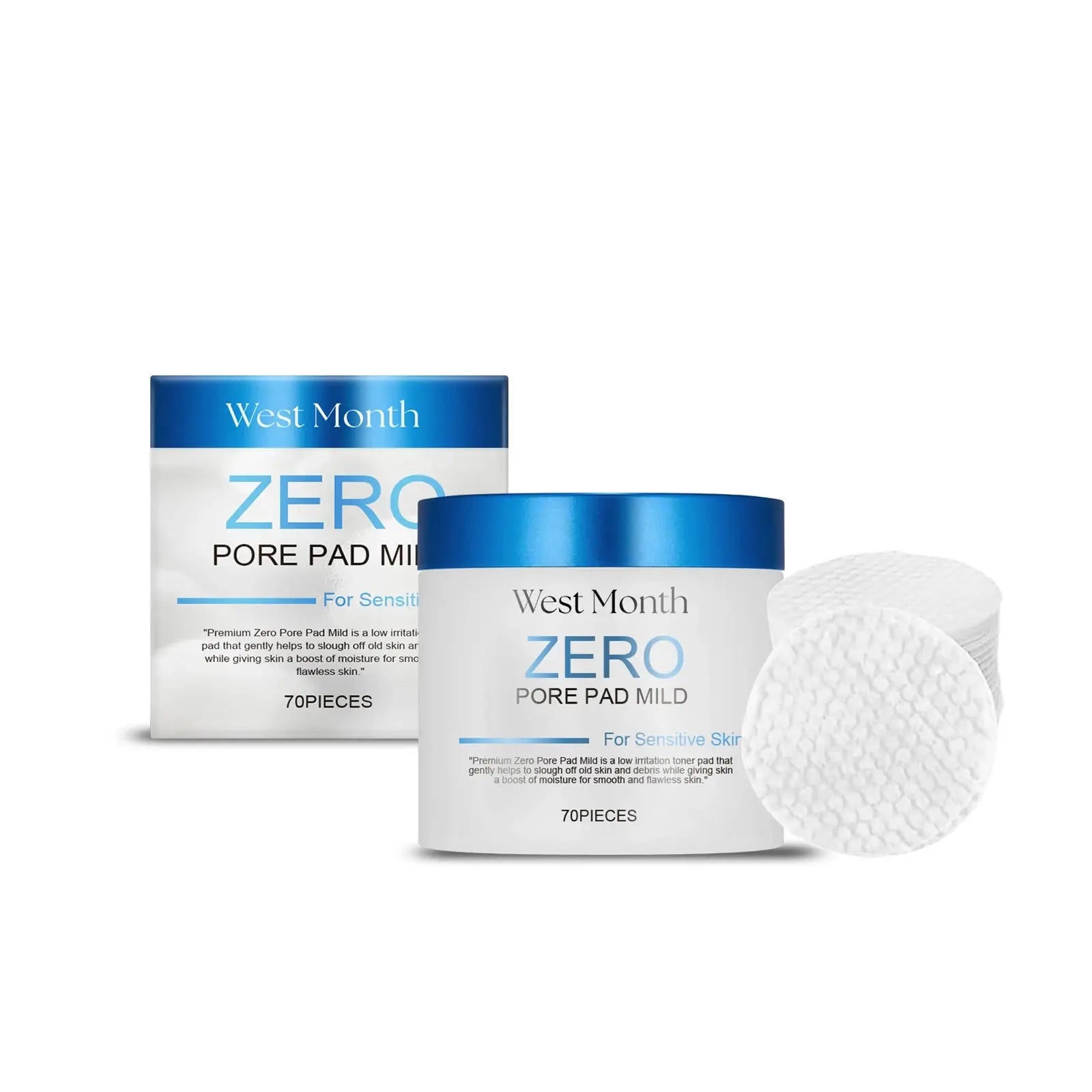 Facial toner pads: two blue-and-white packages with one loose white pad