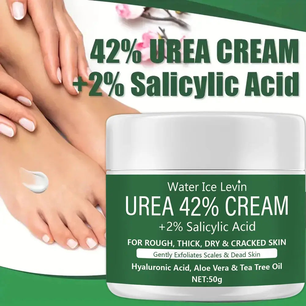 Urea 42% cream jar with 2% salicylic acid label, with cream smoothed on hands.