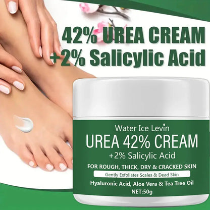 Urea 42% cream jar with 2% salicylic acid label, with cream smoothed on hands.