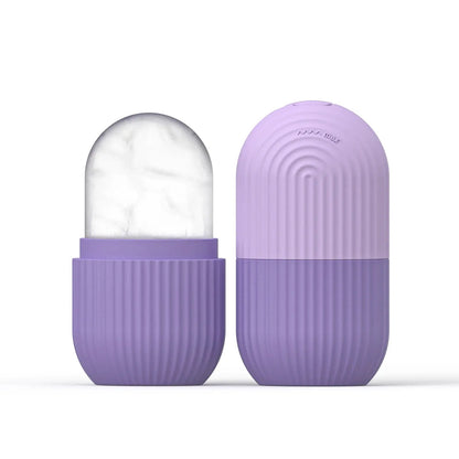 Purple silicone face ice cube mold with frosty ice top, closed