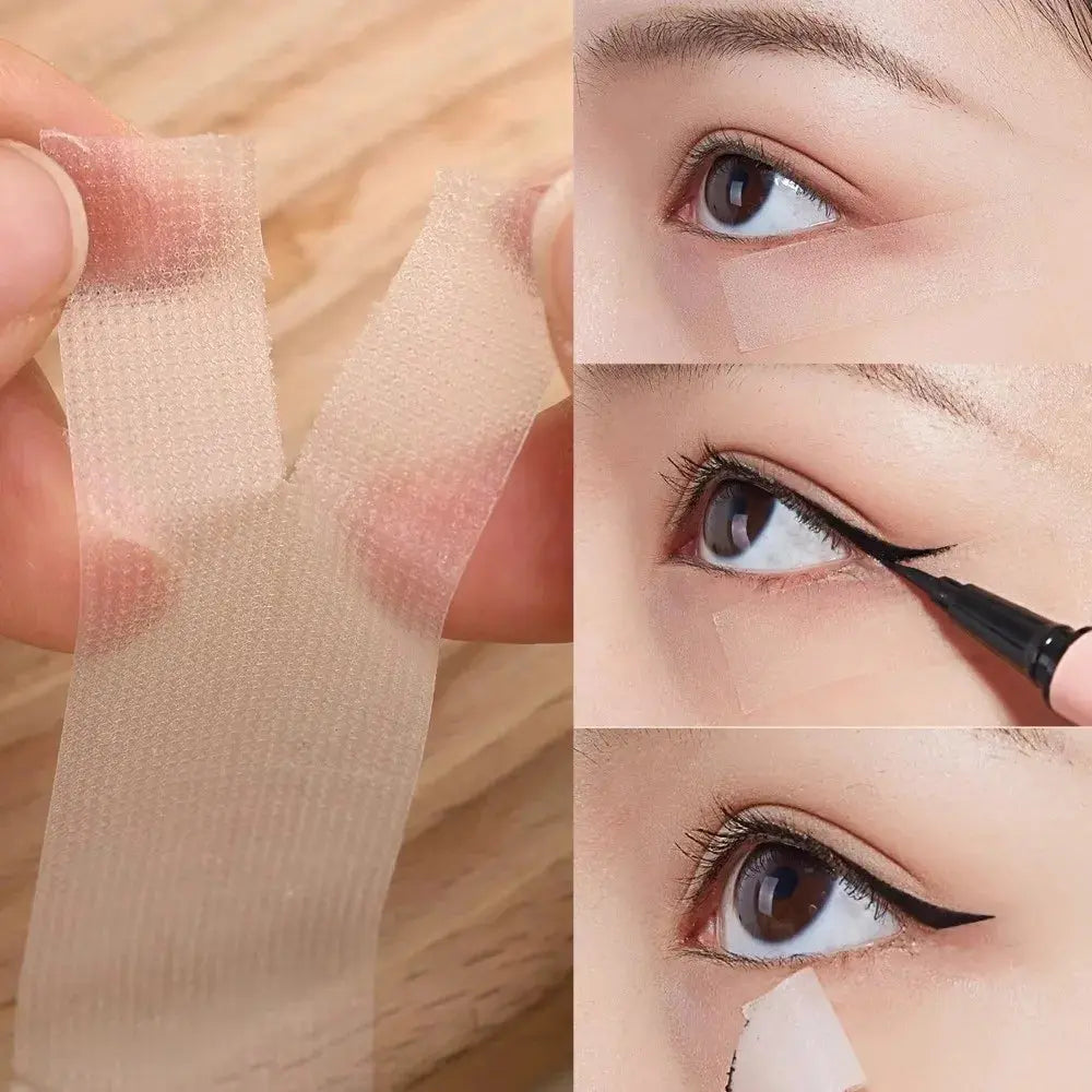 Sheer tape strips applied around eyes to lift and shape