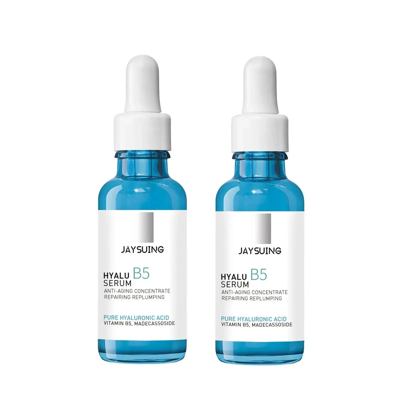 Two hyaluronic acid facial serum bottles with white dropper caps and blue glass bodies