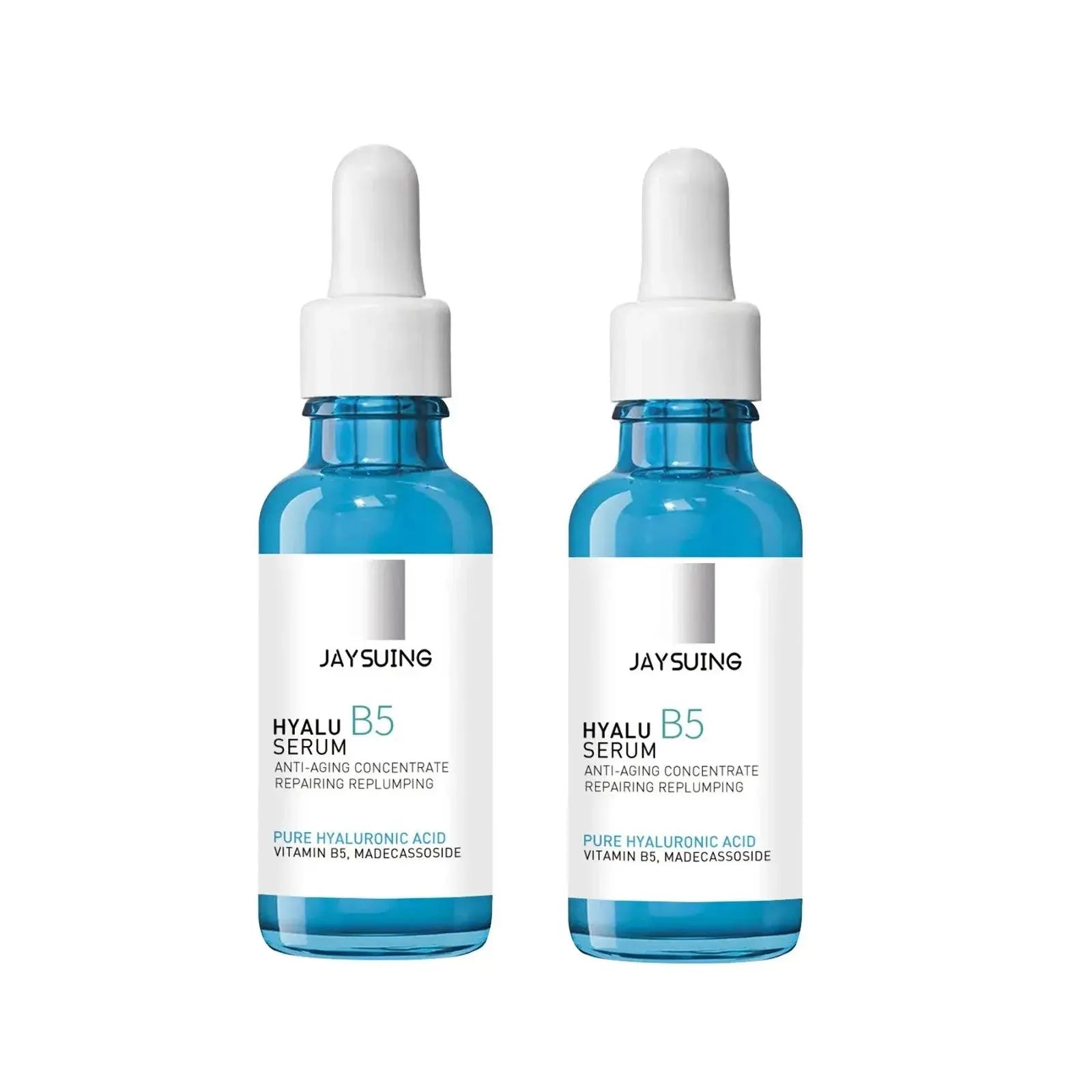 Two hyaluronic acid facial serum bottles with white dropper caps and blue glass bodies