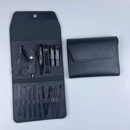 Black nail tool set pouch with clippers, scissors, and files, plus matching case
