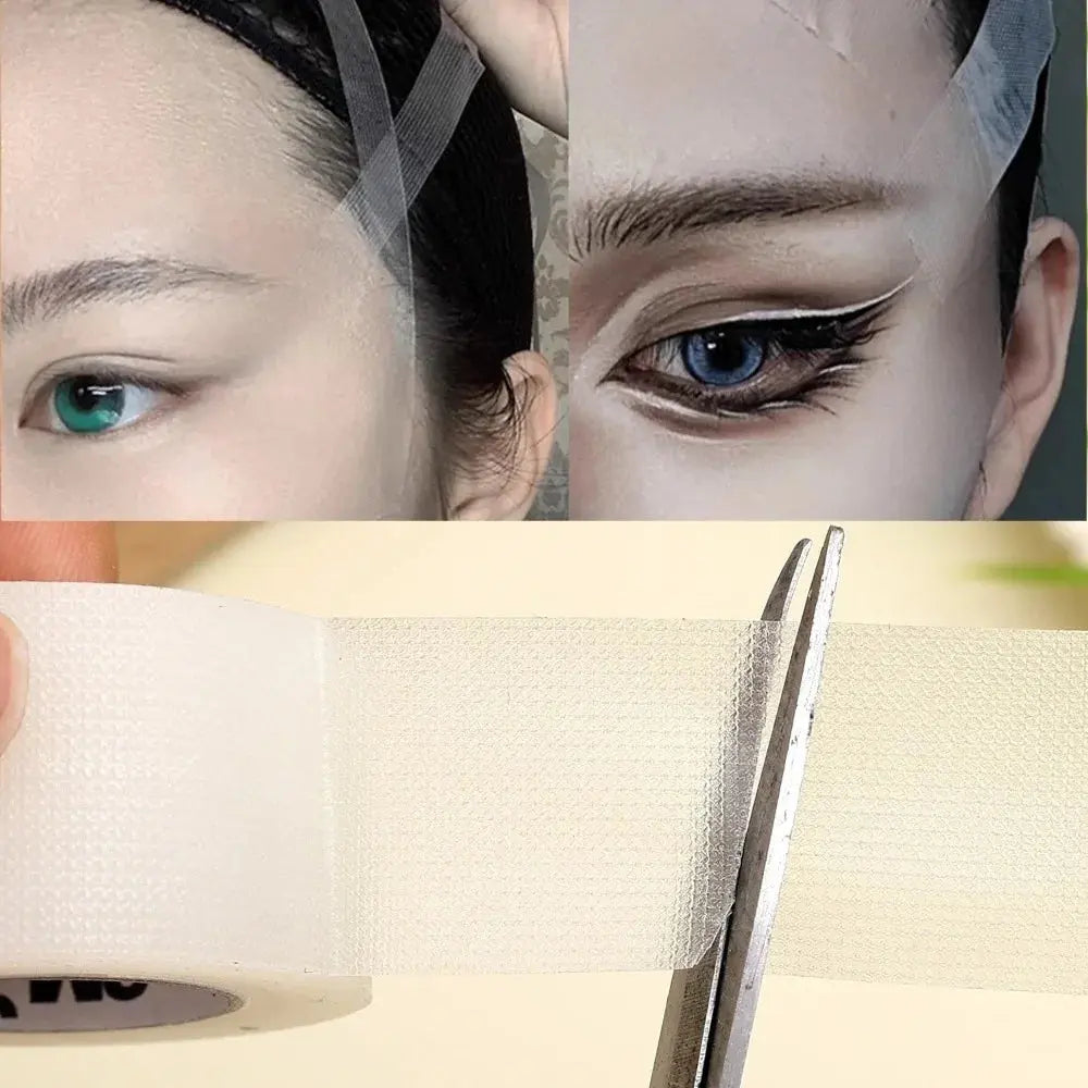 Sheer tape strip applied across forehead for facial lifting