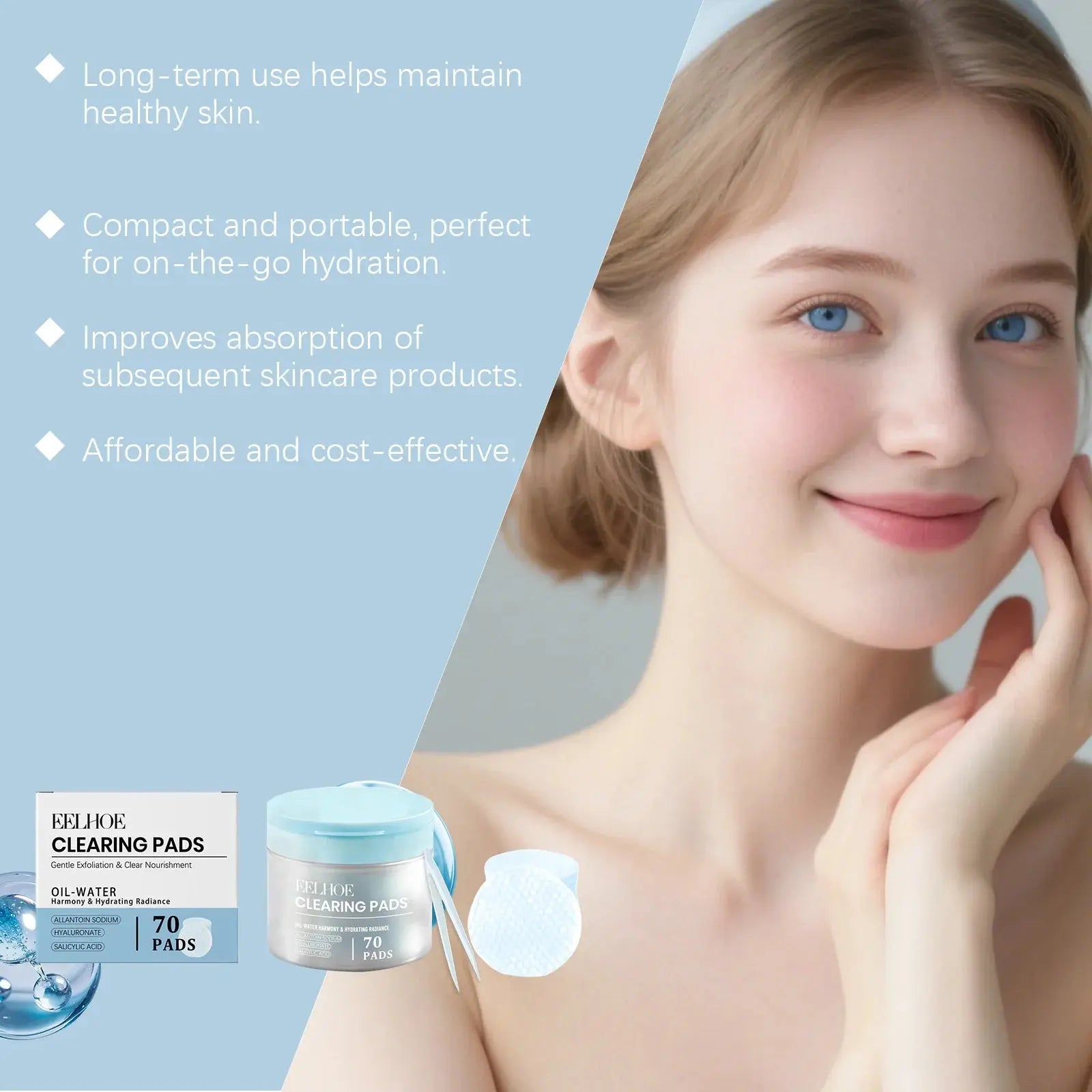 Hydrating facial cleansing pads with jar and circular pad on skin