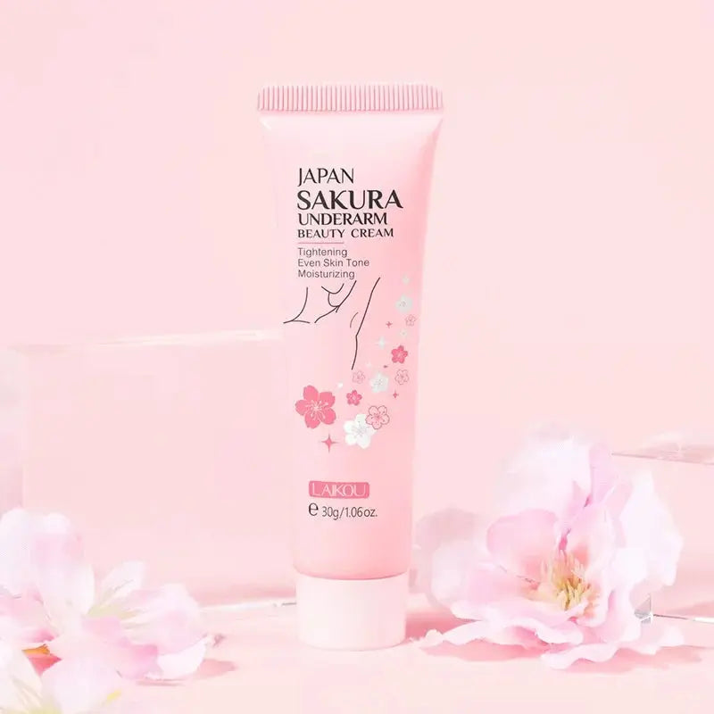 Pink underarm beauty cream tube with floral print and cap