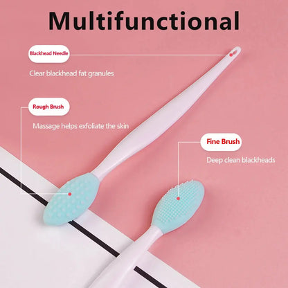 Blue silicone nose cleaning brushes with white handles, fine and rough head tips