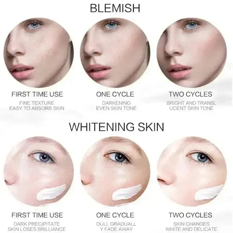Whitening skin cream with applicator shown on face for blemish treatment
