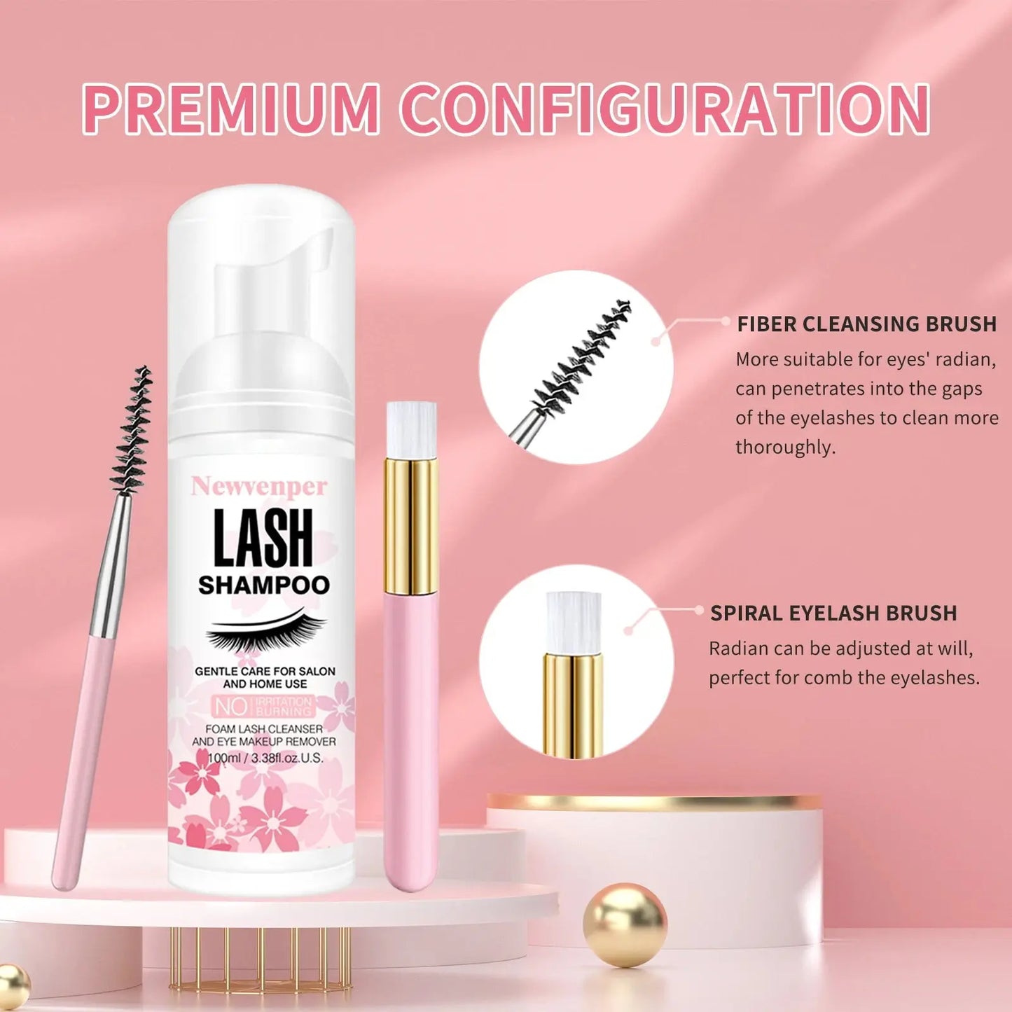 Lash shampoo kit with bottle, two eyelash brushes, and pink floral packaging