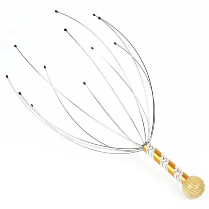Octopus-style wire tentacle scalp massager with braided handle cord and orange wood end knob