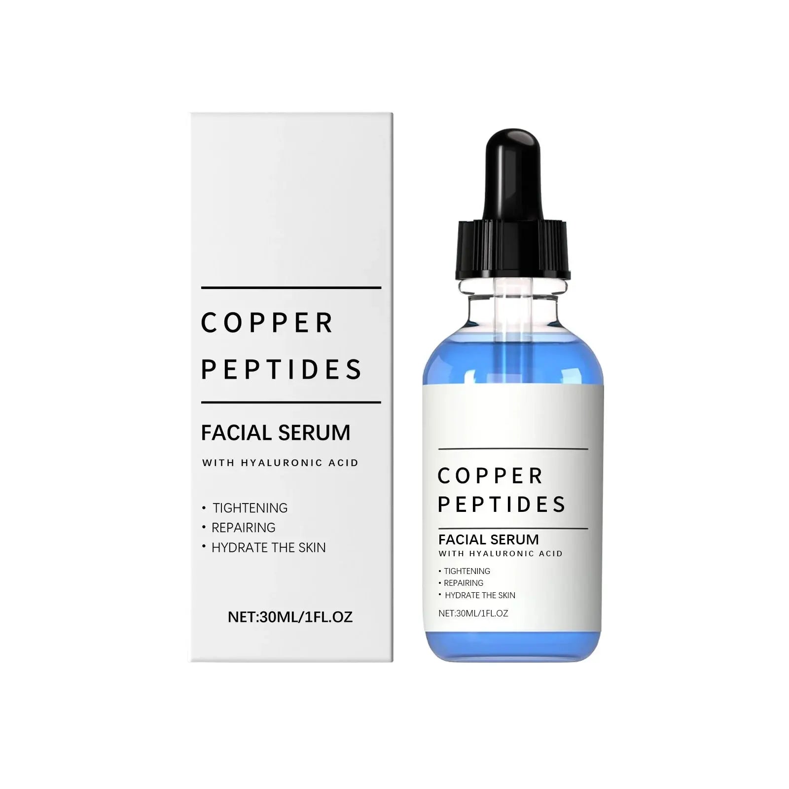Copper peptides facial serum: blue dropper bottle with white box