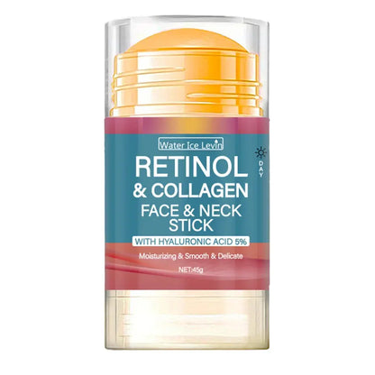 Retinol & Collagen face and neck stick, gold cap, teal label with maroon band, clear base.