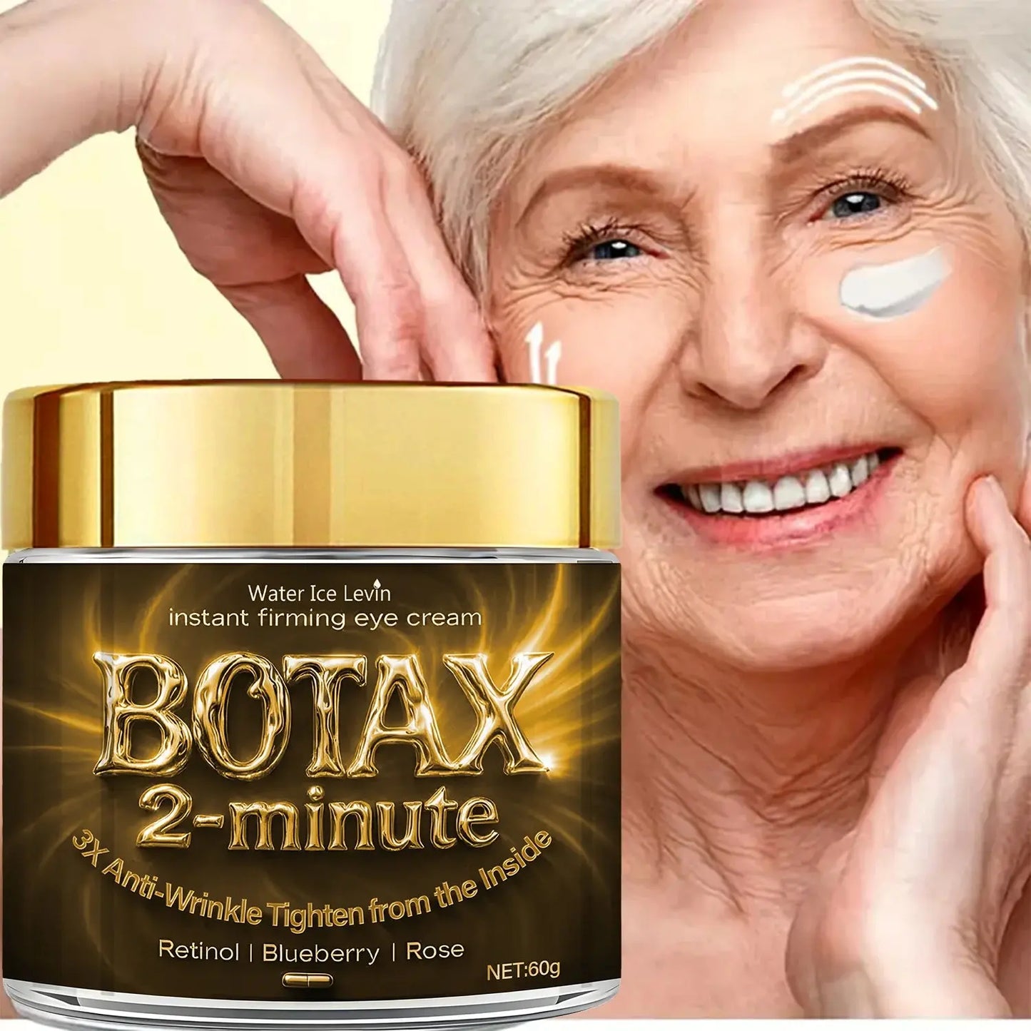 BOTAX 2-minute eye cream jar with gold lid next to a smiling face