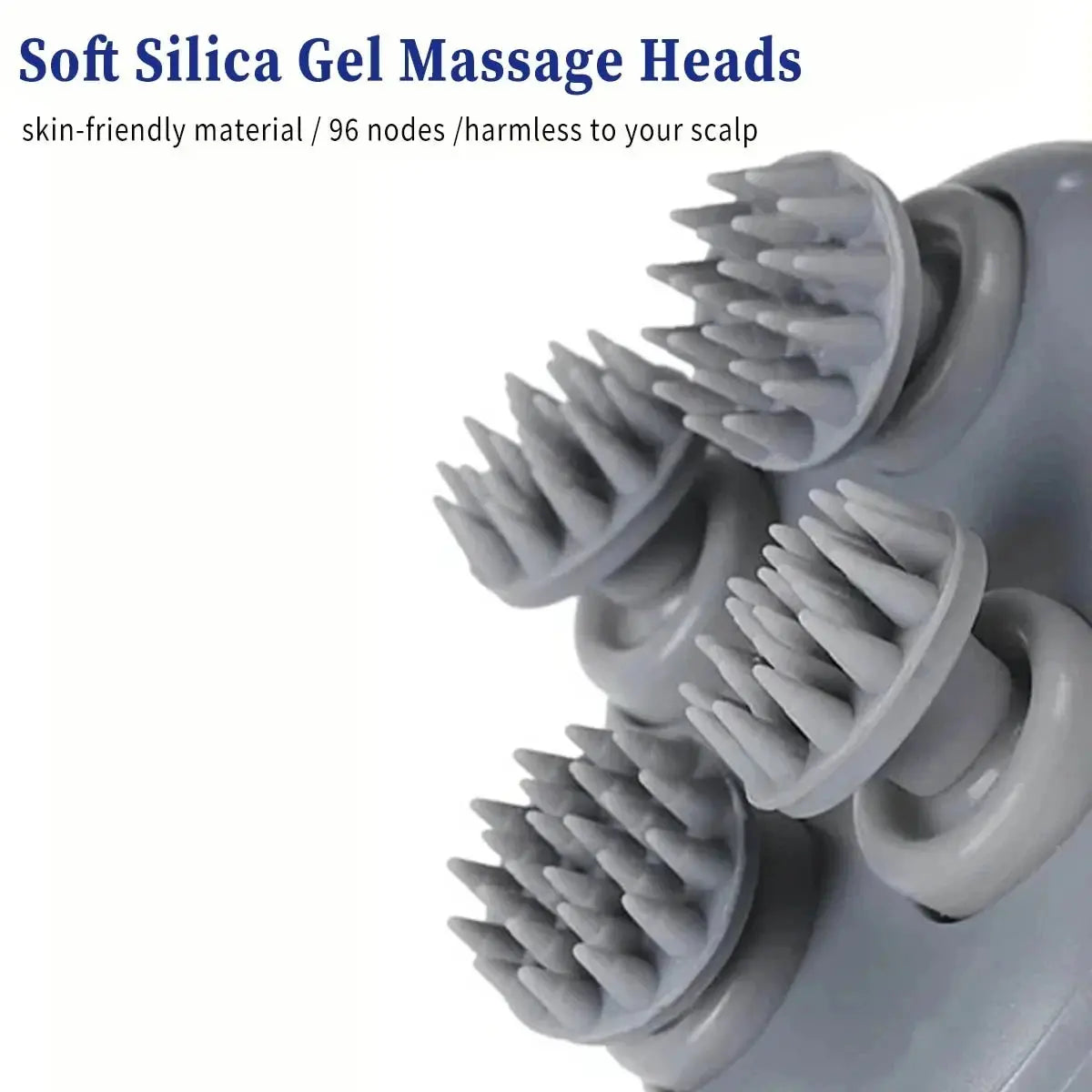 Soft silicone scalp massager heads with rounded massage nodes for kneading.