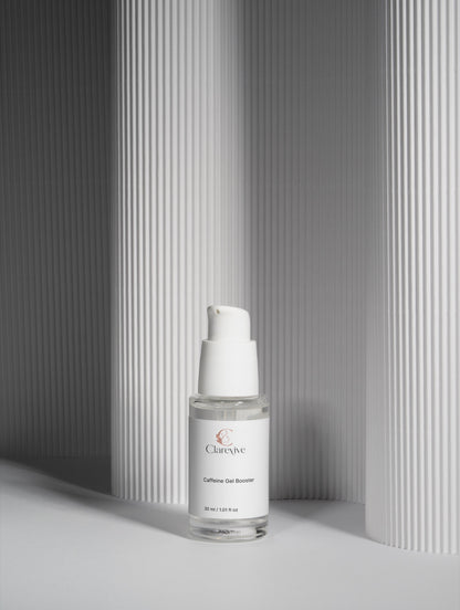 Caffeine gel booster bottle with white pump, front label visible