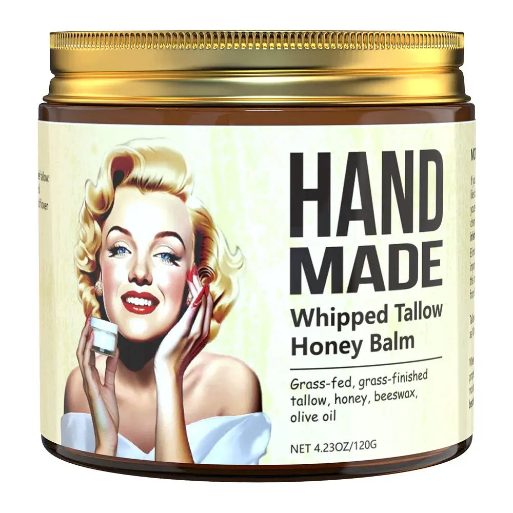 Whipped tallow honey balm, gold-lidded hand made jar with vintage portrait