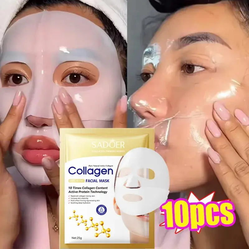 Collagen facial mask on face with 10pcs package and sheet mask placement view