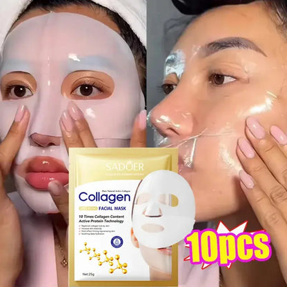 Collagen facial mask on face with 10pcs package and sheet mask placement view