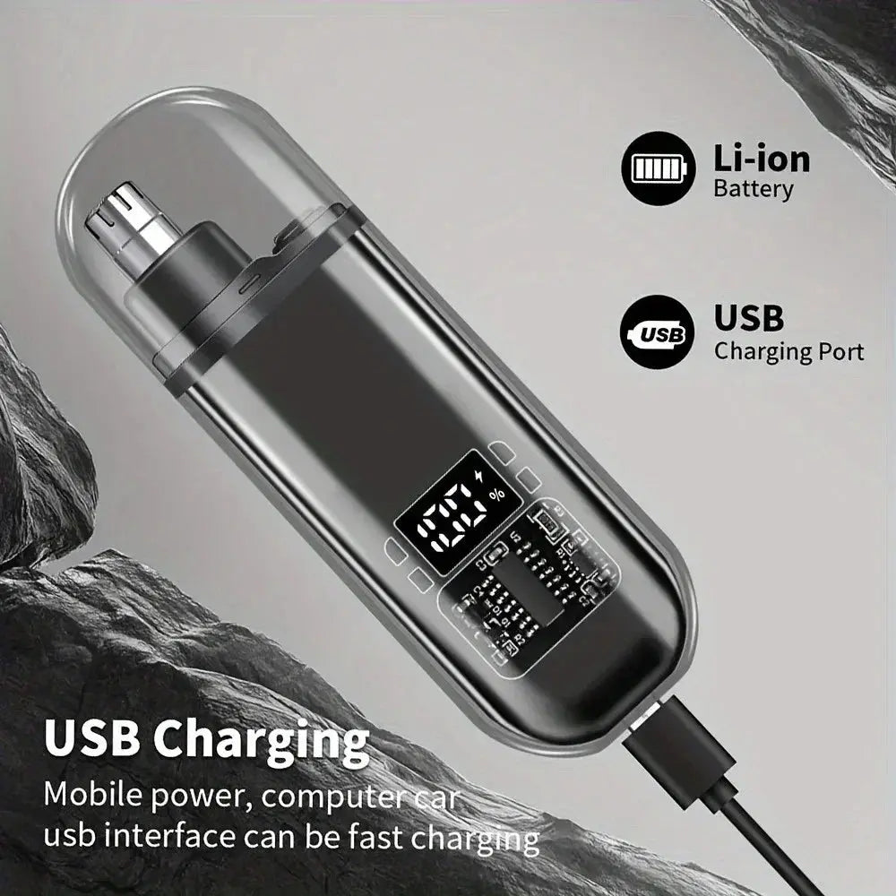 Silver nose hair trimmer with USB charging port and cable connection