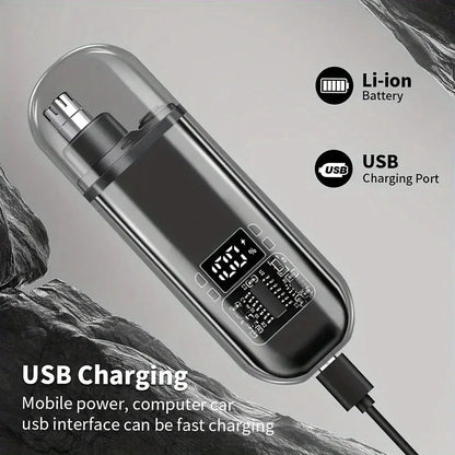 Silver nose hair trimmer with USB charging port and cable connection