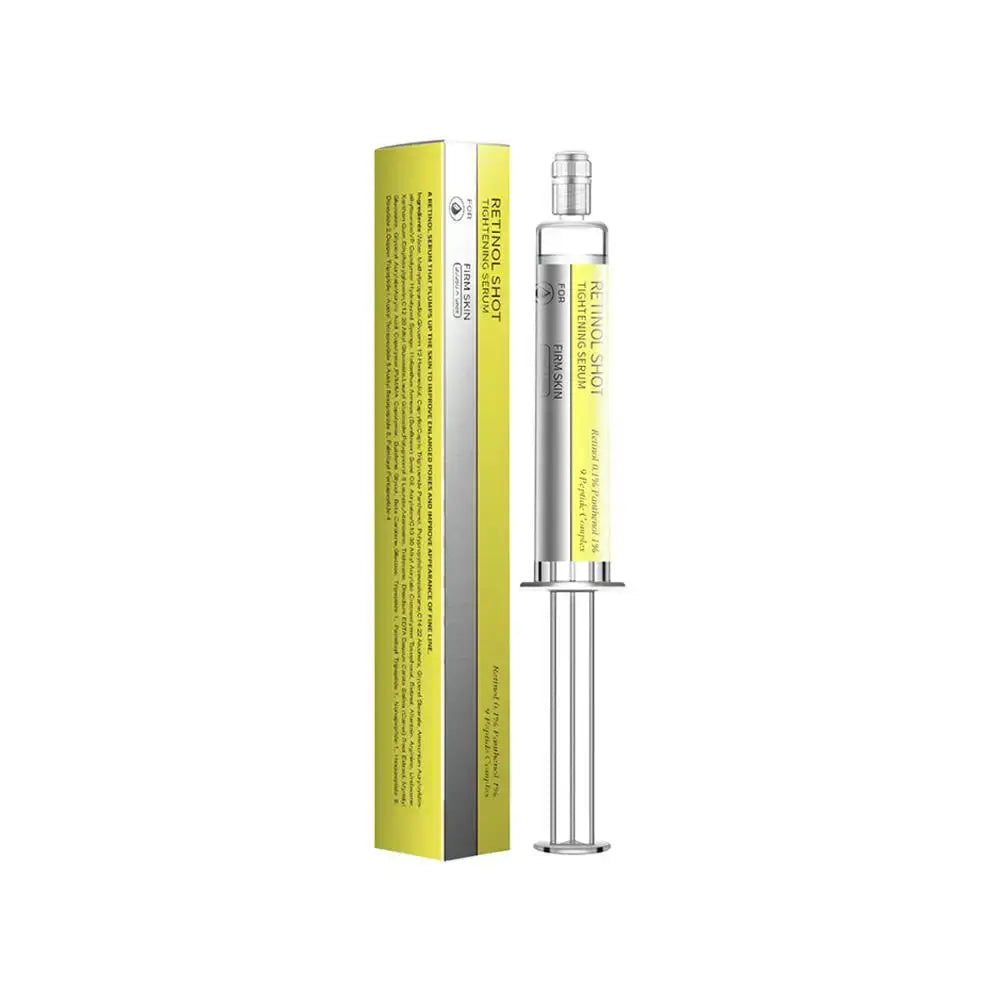 Retinol shot tightening serum in clear pump bottle with yellow box