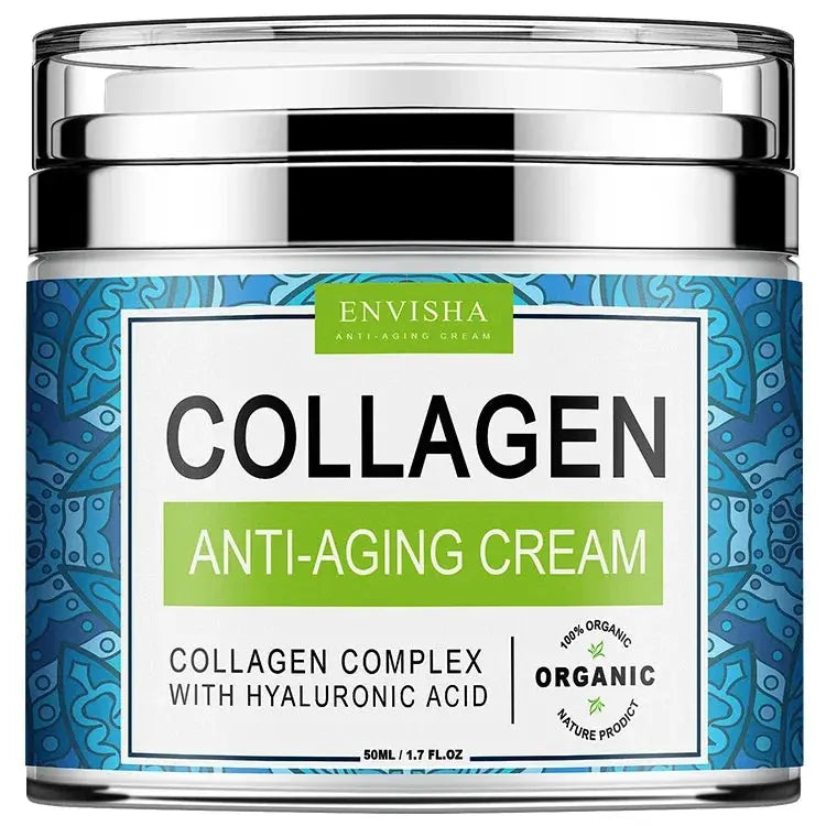 Collagen anti-aging cream jar with blue label and silver lid