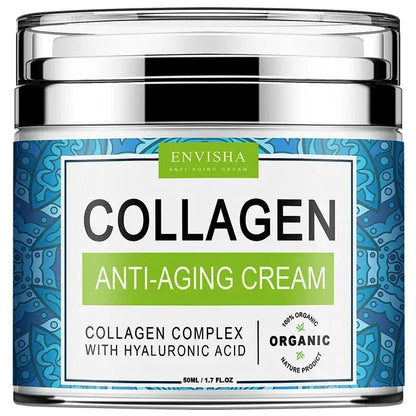 Collagen anti-aging cream jar with blue label and silver lid