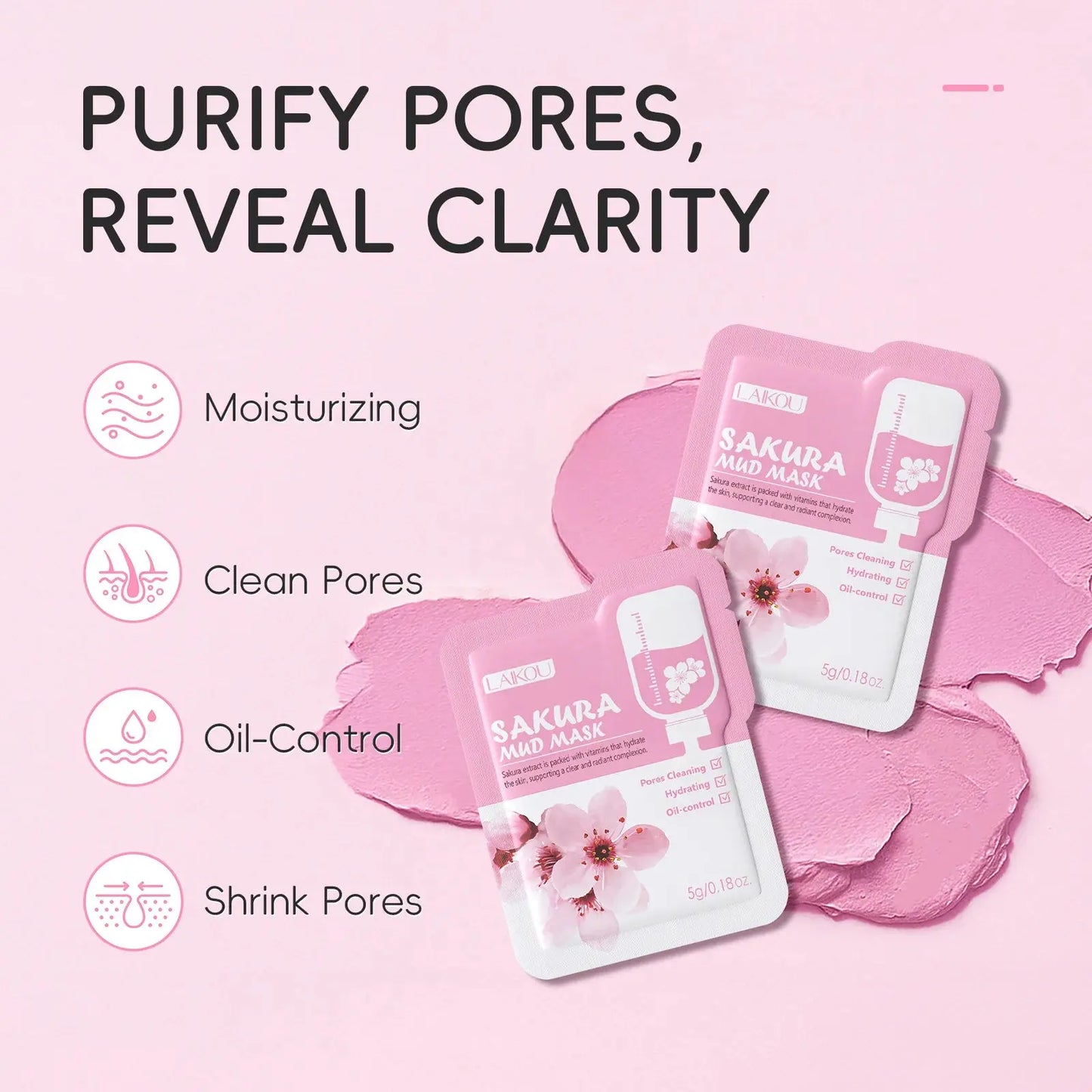 Sakura mud mask sachets set with pink floral packaging, trial size 5g face mask