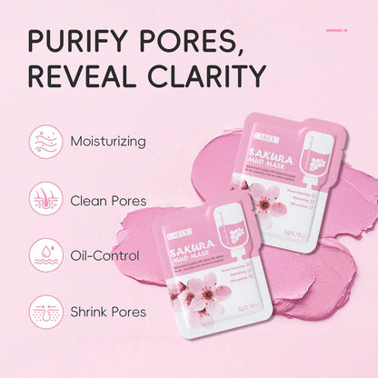Sakura mud mask sachets set with pink floral packaging, trial size 5g face mask