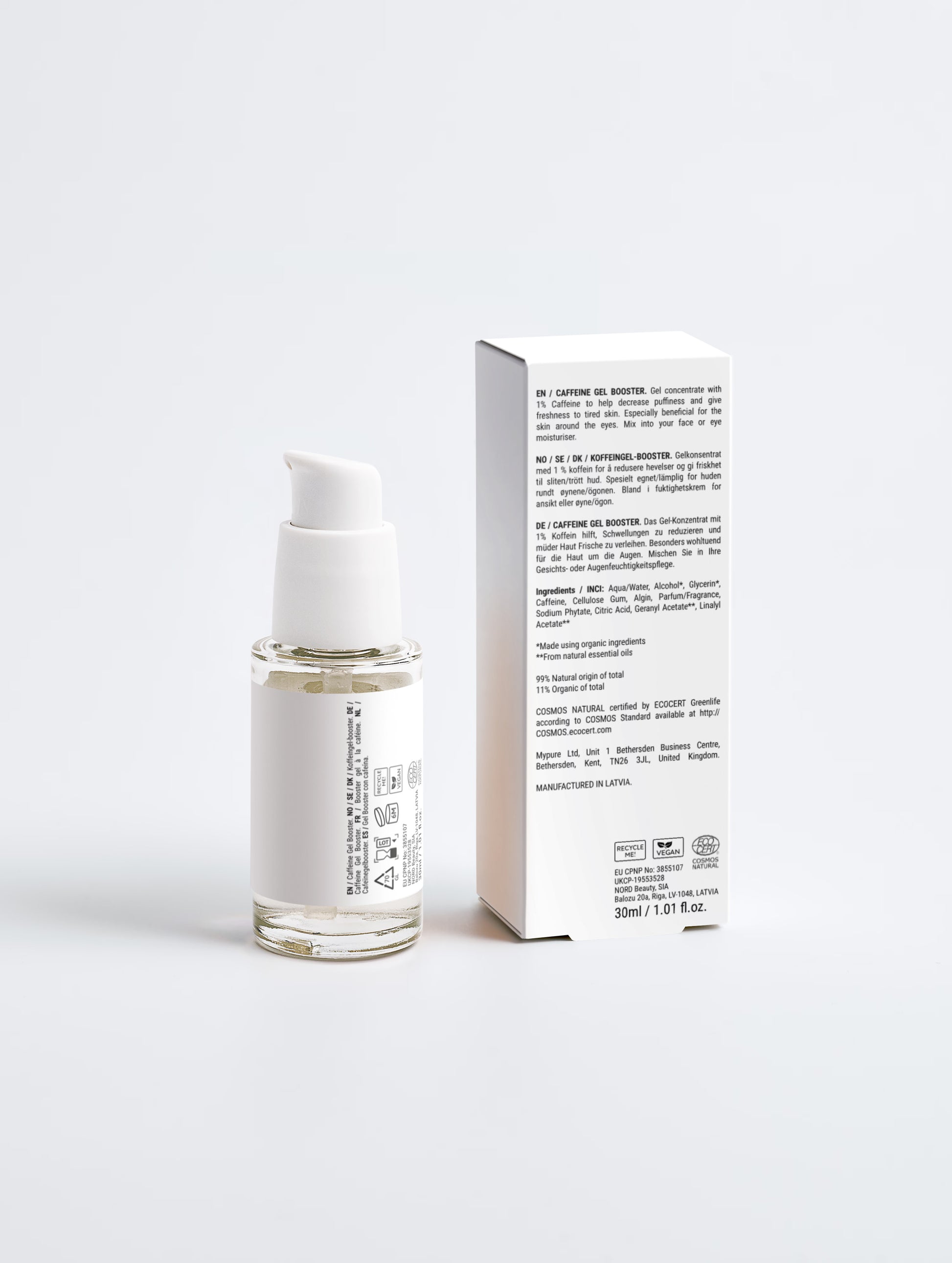 Caffeine gel booster bottle with back-of-box label, white pump dispenser