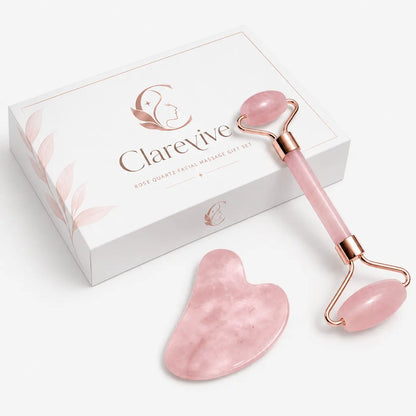 Pink gua sha and facial roller set with rose quartz stone
