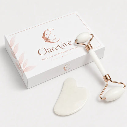 White jade gua sha and facial roller set with white stones