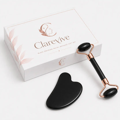 Black gua sha and facial roller set with dark stone rollers