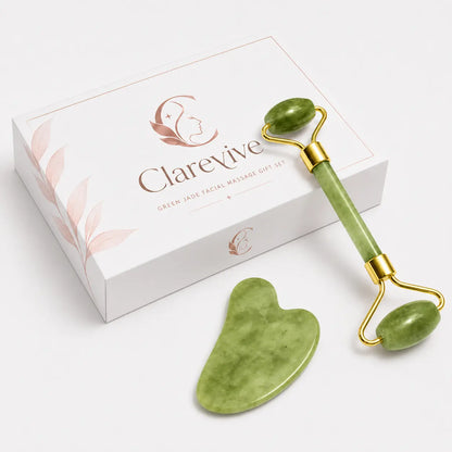 Green gua sha and facial roller set with green jade stones
