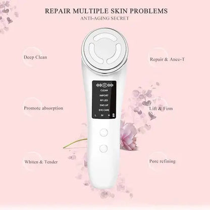 White handheld anti-aging skin care device with circular treatment head and control panel