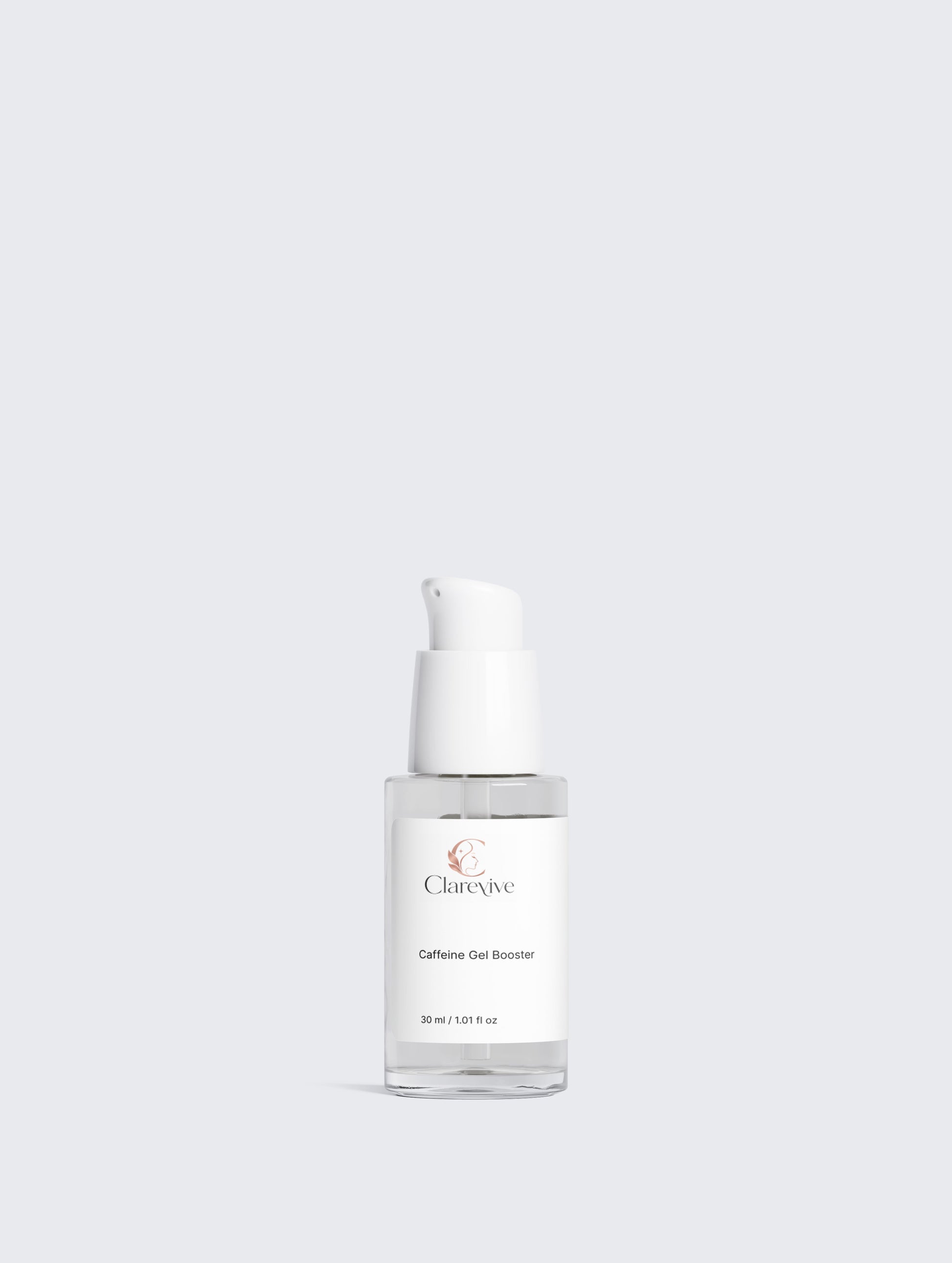 Caffeine gel booster serum bottle with white pump, front view