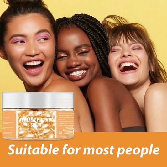 Placenta serum jar with golden capsule beads in a clear open container