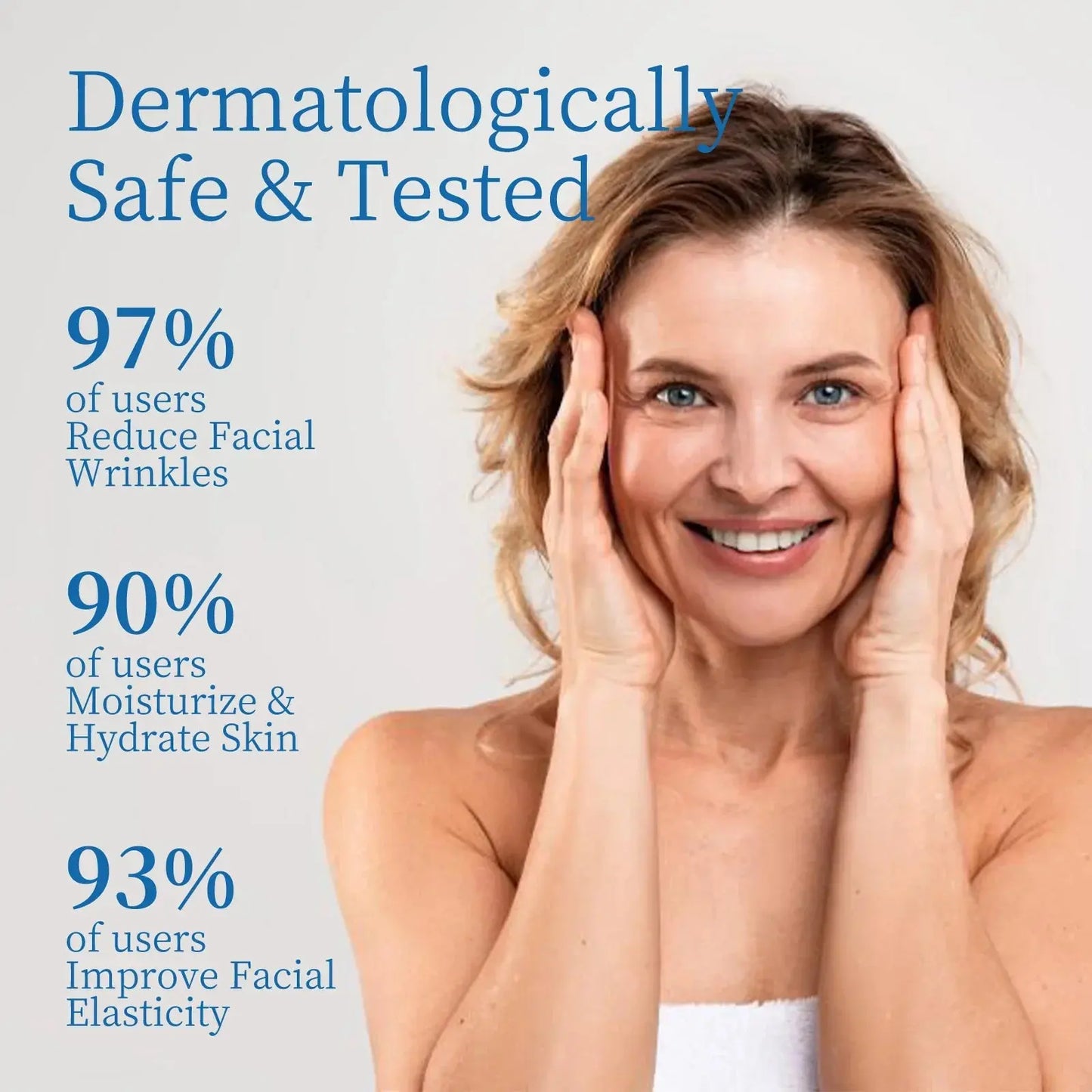 Hyaluronic serum on woman’s face, hands near cheeks