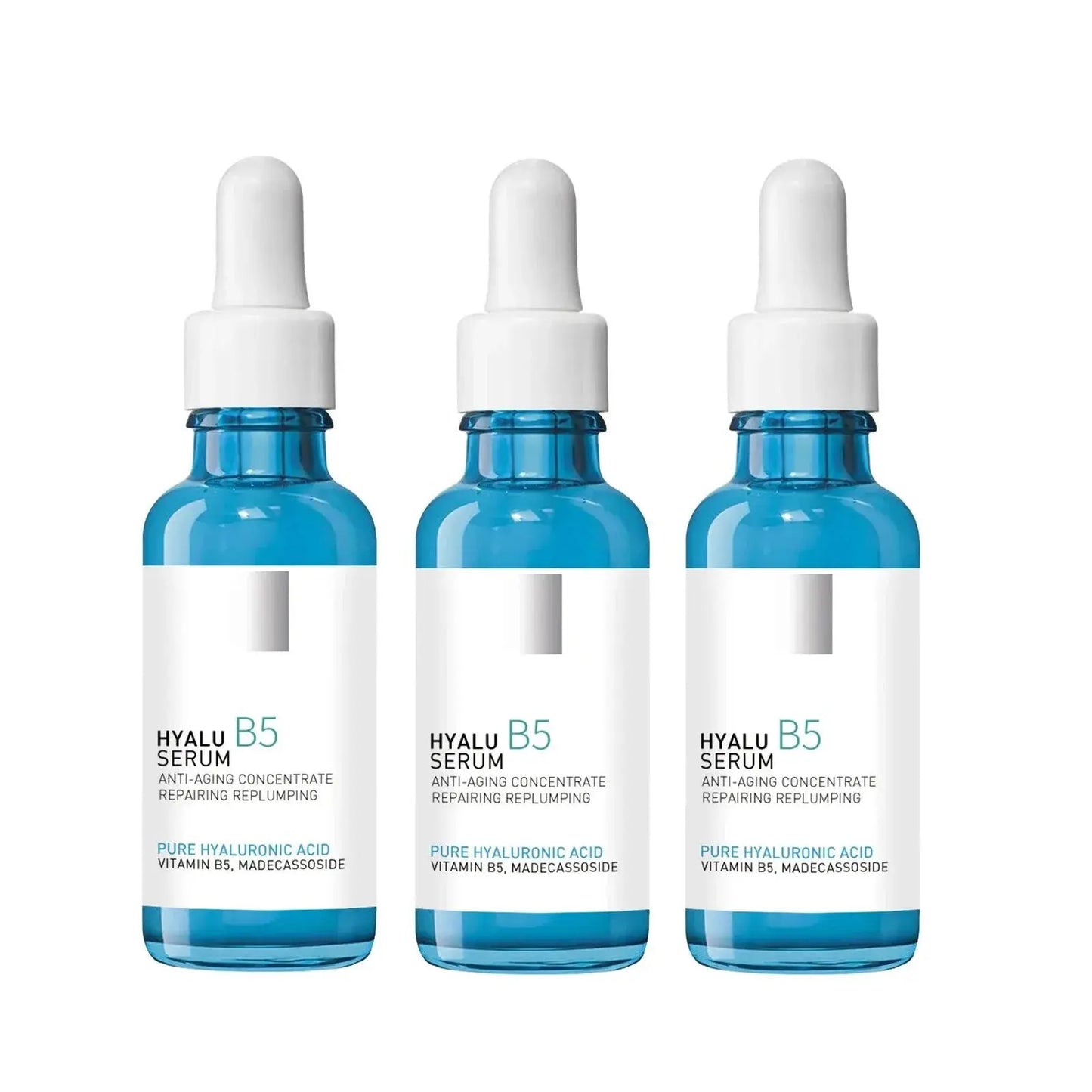 Three Hyalu B5 serum bottles with blue droppers and white caps