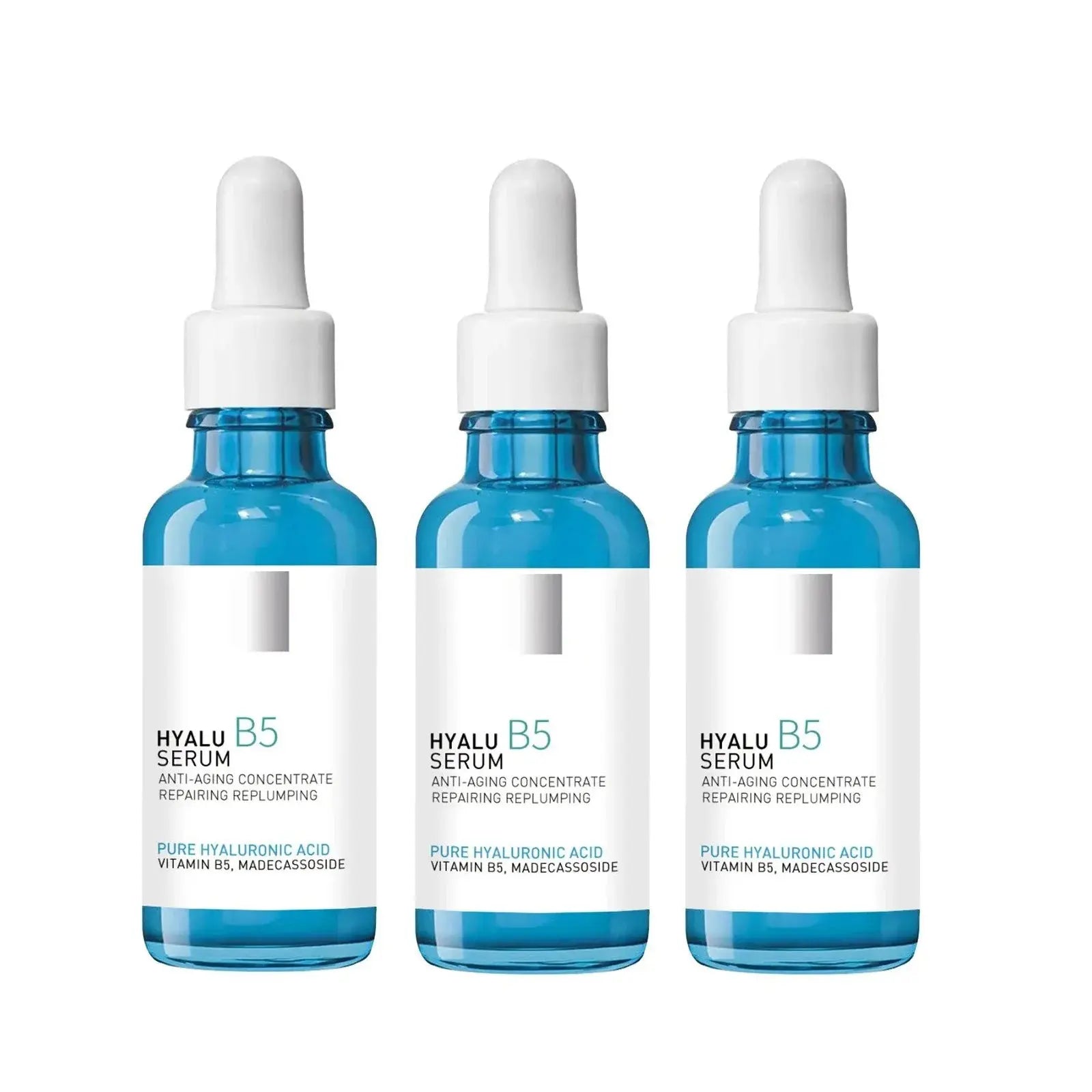 Three Hyalu B5 serum bottles with blue droppers and white caps