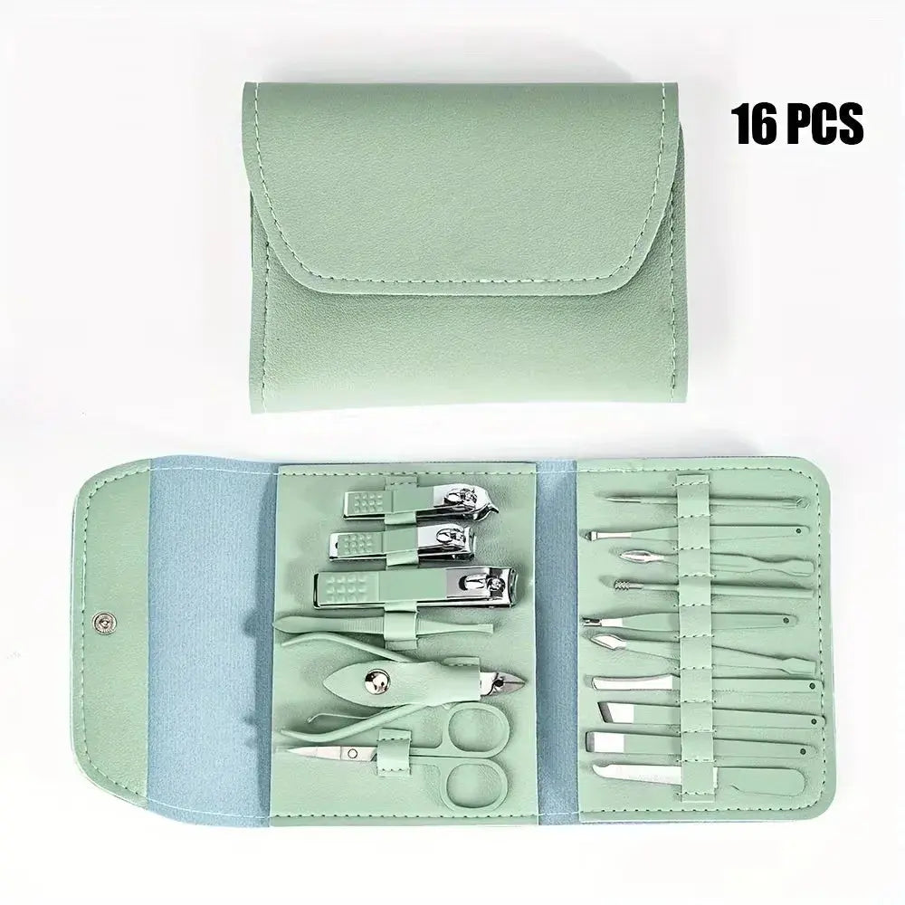 Green and blue nail tool set pouch open, showing 16 stainless steel pieces