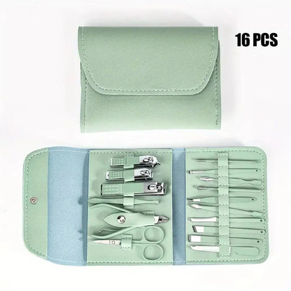 Green and blue nail tool set pouch open, showing 16 stainless steel pieces